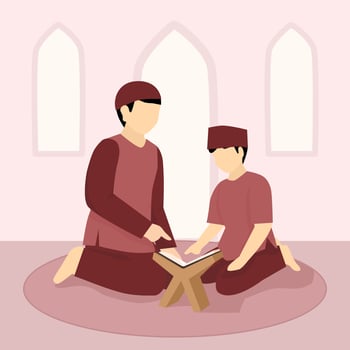 Islamic Illustration of Father and Son Reading Quran Together vector