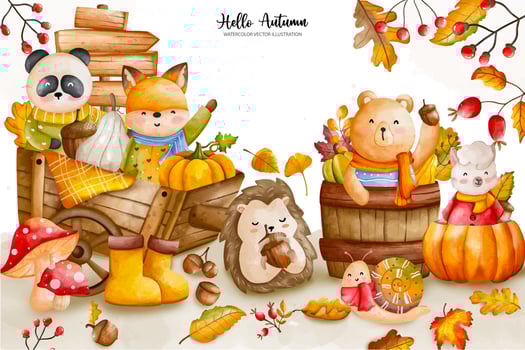 Animal autumn watercolor, Thanksgiving Vector illustration, FAll theme set, Thanksgiving day