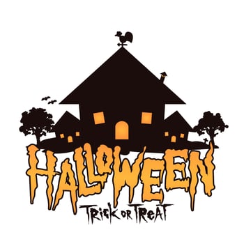 haunted silhouette witch house with halloween and trick or treat rough hand drawn typography vector design element