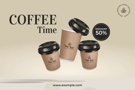 Takeaway coffee ads, paper cup package in 3d illustration realistic. vector