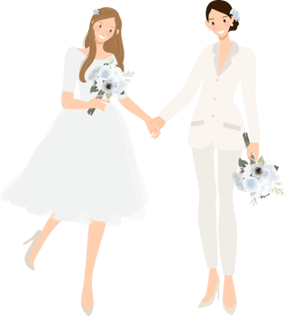 Lesbian wedding couple in white suit pants and wedding dress holding hands png
