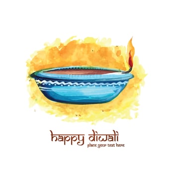 Illustration of watercolor burning diya on happy diwali card design vector