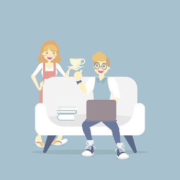 married couple businessman freelance working at home on weekend holiday vacation, sitting on couch sofa with laptop notebook and housewife, flat vector illustration cartoon character design clip art
