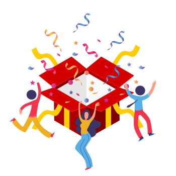 family and friends opening gifts together will be very popular. isometric element design with shimering gift box, confetti and happy people. for web or social media banner png