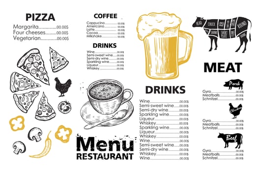 Menu template design for restaurant, sketch illustration. Vector. vector