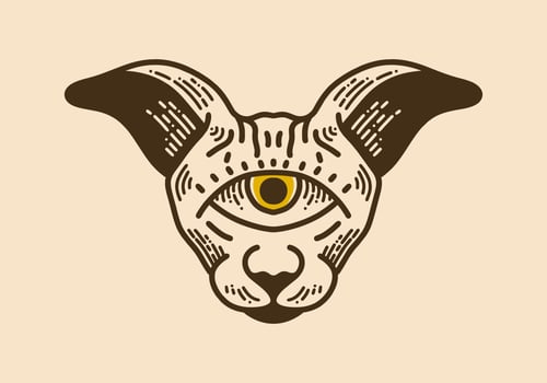 Cat head with one eye in the middle retro vintage line art vector