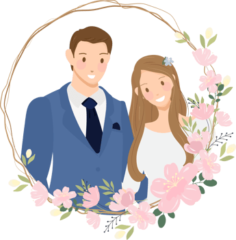 cute cartoon young wedding couple wreath logo in cherry blossom wreath png