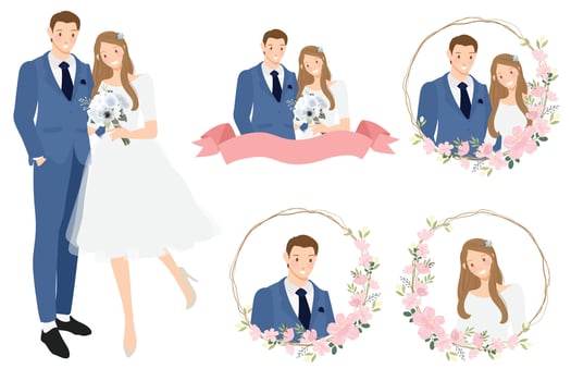 cute cartoon young wedding couple wreath logo in cherry blossom wreath eps10 vectors illustation