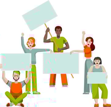 Group of five people protest in flat style with blank posters isolated on white background. vector