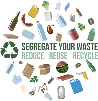 Educational poster with metal, plastic, paper, glass, compost segregation infographics. vector