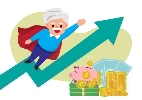 Pension income, profit, family budget Retirement concept, male characters, senior, save money, earn profit, pile coins and banknotes, vector