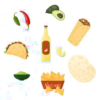 Mexican cuisine set. Vector illustration of mexican food. Burrito taco nachos tortilla guacamole tequila avocado chili jalapeno isolated on white background