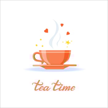 Teacup With Hearts and Stars in the Steam. Tea Time Lettering vector