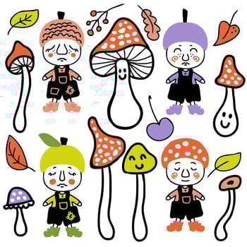 Fruit gnomes and mushrooms doodle clipart collection. vector