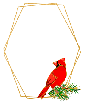 golden frame with red cardinal, christmas illustration. christmas gold foliage geometric frame png