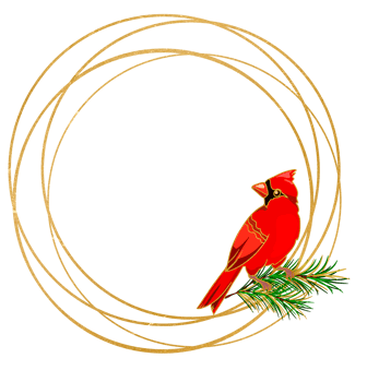 golden round frame with red cardinal, christmas illustration png