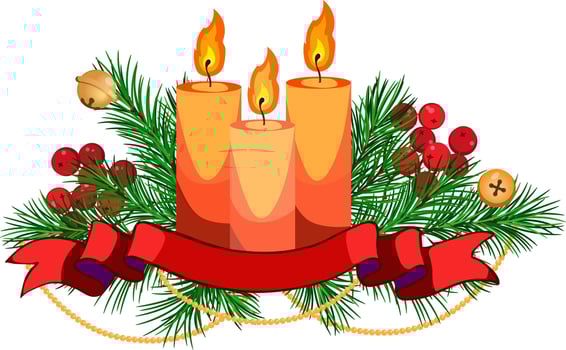 Christmas arrangement with fir branches, candles, ribbon, bells and golden garland. Winter decor vector