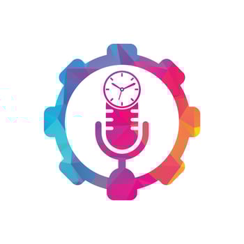 Podcast time gear shape concept vector logo design template. Mic clock vector logo design icon.