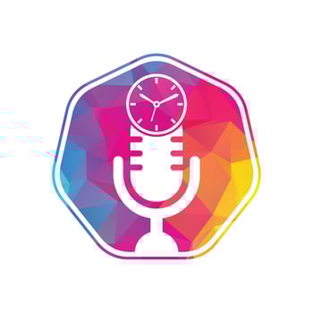 Podcast time vector logo design template. Mic clock vector logo design icon.