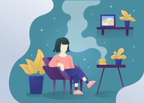 women sitting on chair with coffee on table with style vector modern flat character