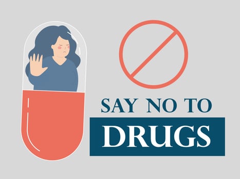 Say no to drugs. Background poster of a woman inside a pill or capsule. Illustration of hand gesture character refusing illegal drugs. Concept of International Day against Drug Abuse and addiction. vector