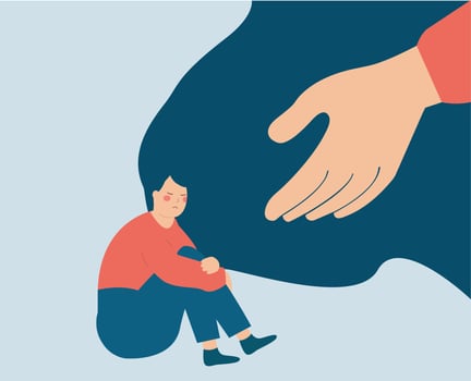 Human hand supports a sad woman to get rid of stress and depression. Girl sits and hugs her knees. Concept of help and care for people with mental health disorders and psychological problems. vector