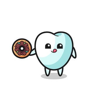 illustration of an tooth character eating a doughnut vector