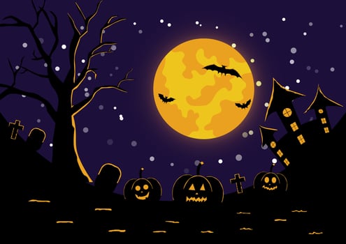 vector illustration Halloween silhouette with elements Trees, full moons, castles, pumpkins, funerals, bats.