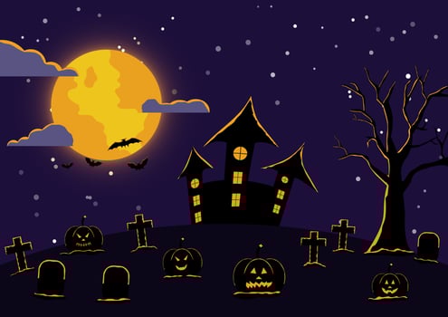 vector illustration Halloween silhouette with elements Trees, full moons, castles, pumpkins, funerals, bats.