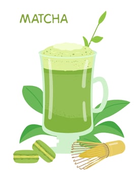 Matcha In Tall Glass Cup Vector Illustration. Macarons With Matcha, Whisk, Tea Leaves.