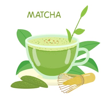 Matcha In Glass Cup Vector Illustration. Cookies With Matcha, Whisk, Tea Leaves.