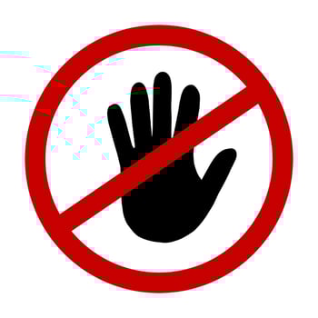 Do not touch entry symbol sticker template. Simple vector shape icon set, black silhouette. Warning information stop sign in public place. Restriction zone.
