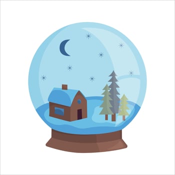 Christmas souvenir snow globe with forest house inside. Flat vector illustration.