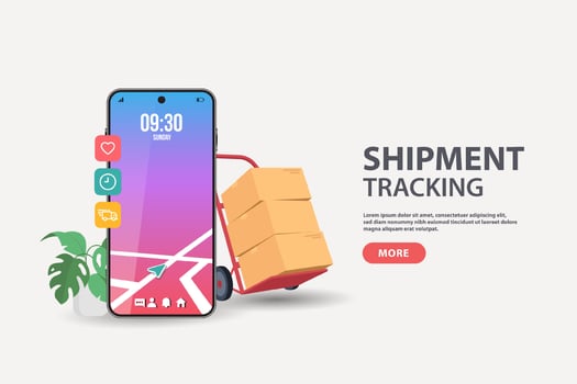 Mobile smart phone with app delivery tracking. Vector modern flat creative info graphics design on application. 3D Vector Illustrations.