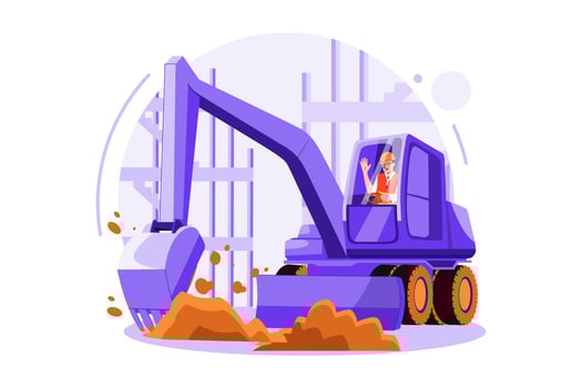Truck driver rising hand while sitting in construction truck vector
