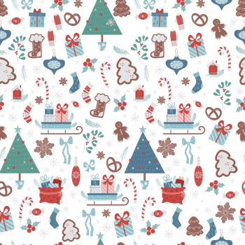Christmas seamless pattern. New Years decor, gingerbread, tree, sleigh, gifts, socks , christmas ornament, Winter pattern png