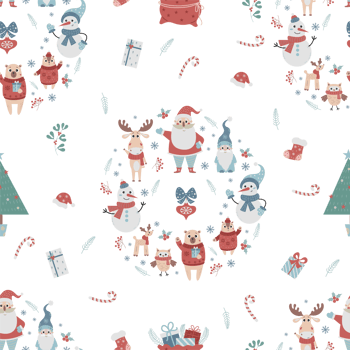 Christmas cute seamless pattern. New Years Santa characters, snowman and cute animals png