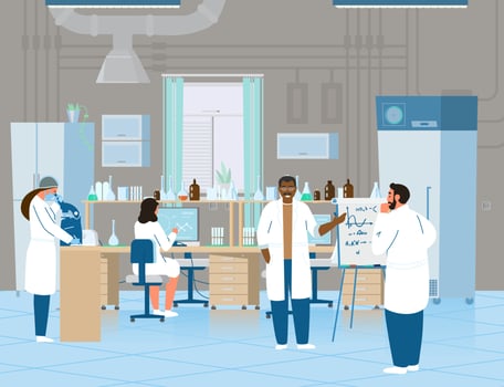 Scientists Or Doctors Men And Women Making Research In Chemical Laboratory. Laboratory Interior With Equipment. Flat Vector Illustration.