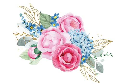 watercolor drawing. bouquet, composition of eucalyptus flowers and leaves, golden leaves and elements. pink rose flowers, peony, blue hydrangeas. vector