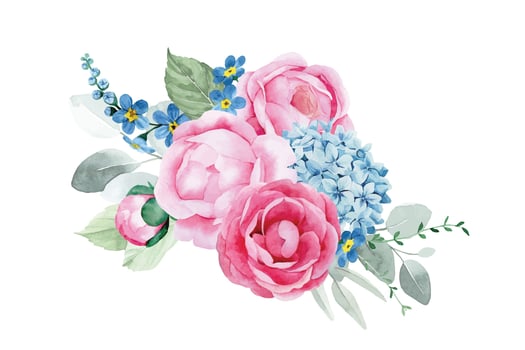 watercolor drawing. bouquet, composition with flowers and leaves of eucalyptus. pink peony flowers, roses, blue hydrangeas. delicate print, vintage decoration vector