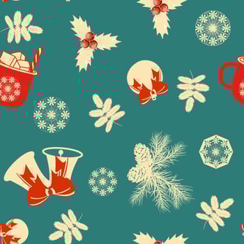 Seamless holiday pattern with Christmas ornaments, holly berries, snowflakes, bells, ribbons, mugs, and pine cones vector