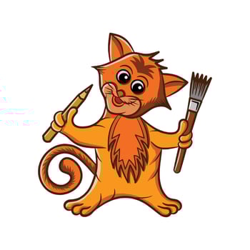 Cute Cat Cartoon Illustration Design Holding Pencil And Brush vector