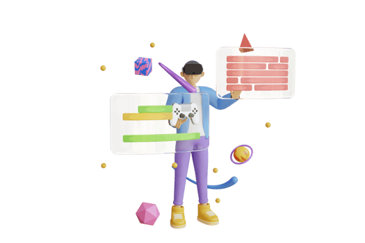 3D Virtual reality headset and controllers for gaming. Metaverse technology concept. 3D cartoon character man wearing virtual reality glasses and floating in the air playing a game. 3d render png