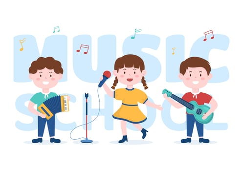 Music School Template In Hand Drawn Cartoon Flat Illustration Playing Various Musical Instruments, Learning Education Musicians and Singers vector