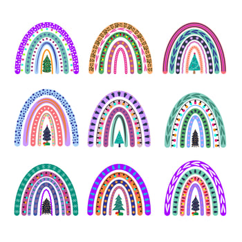 Christmas rainbow set. New Year decorative elements isolated Christmas phrases collection. Funny Christmas holiday rainbow illustration. Funny doodle decorative Clipart vector