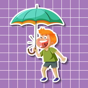 Cute boy cartoon character holding umbrella sticker style vector