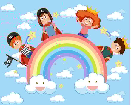 Happy kids in in the sky with rainbow vector