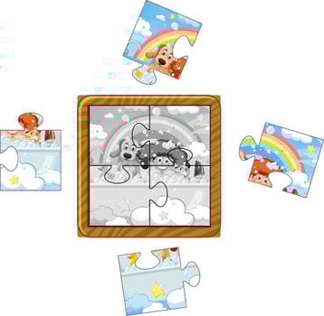 Girl and dog photo puzzle game template vector