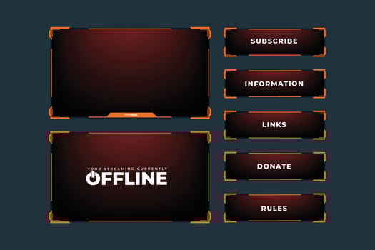 Broadcast gaming overlay design with abstract digital shapes. Stylish gaming overlay and screen interface decoration. Live streaming overlay design with orange and dark colors for online gamers. vector