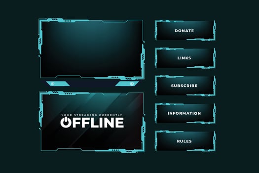 Online gaming overlay and screen interface decoration. Live broadcasting screen panel design vector with abstract shapes. Online streaming overlay design for gamers with shiny blue color.